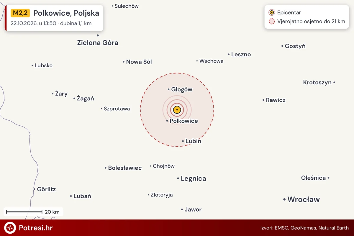 Karta: šire područje i vjerojatni doseg osjeta, potres M2,2, Polkowice, Poljska, 22.10.2026.