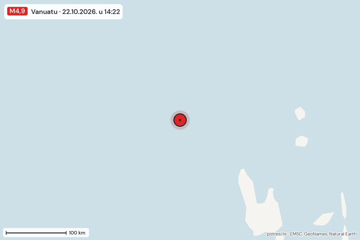 Karta: šire područje, 600 km, potres M4,9, Vanuatu, 22.10.2026.