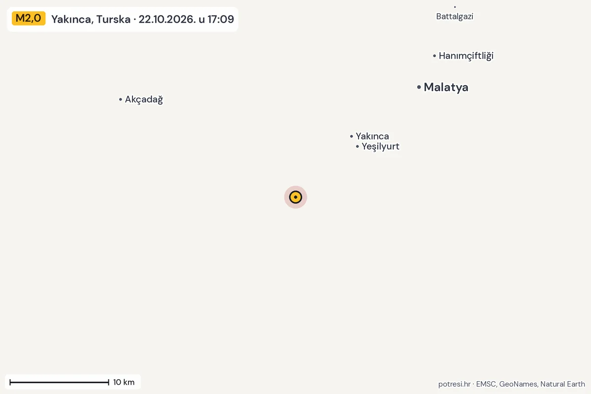 Karta: okolica epicentra, 60 km, potres M2,0, Yakınca, Turska, 22.10.2026.