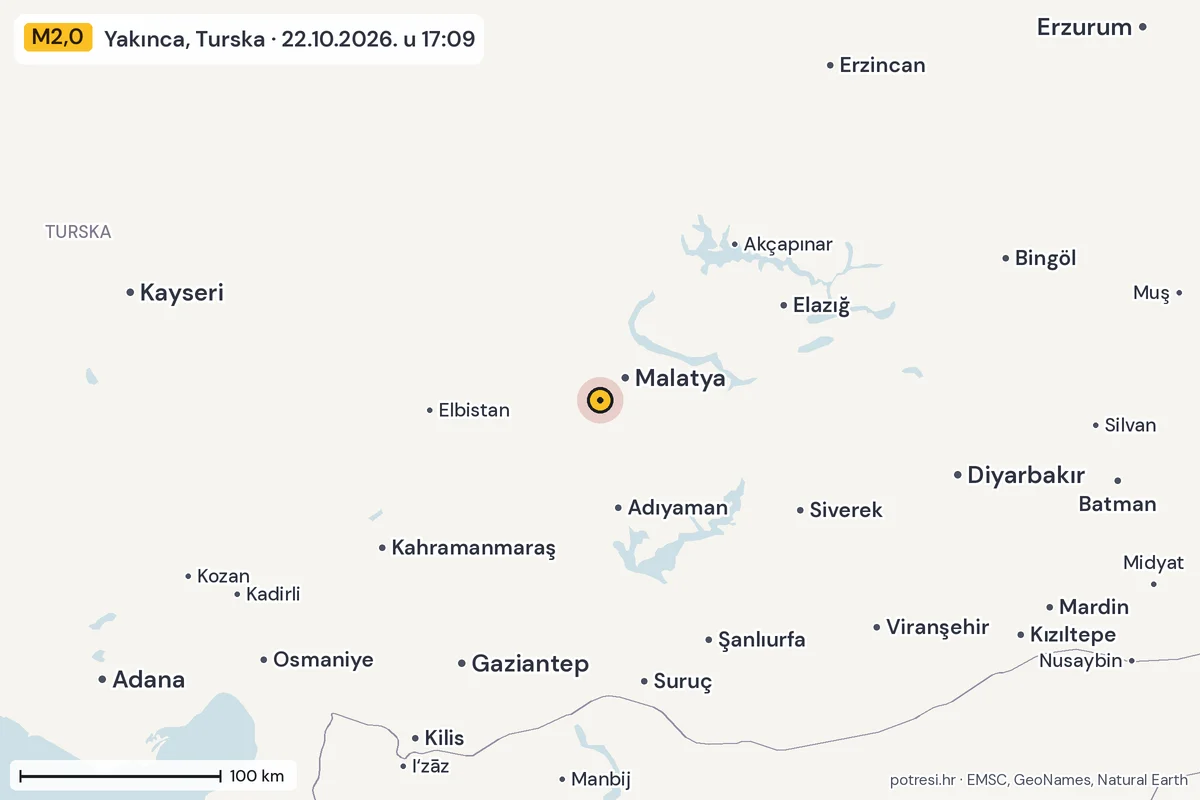 Karta: šire područje, 600 km, potres M2,0, Yakınca, Turska, 22.10.2026.