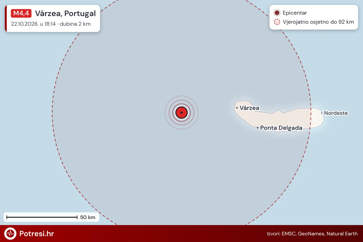 Karta: šire područje i vjerojatni doseg osjeta, potres M4,4, Várzea, Portugal, 22.10.2026.