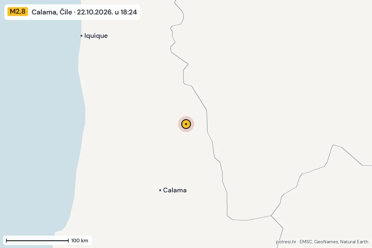 Karta: šire područje, 600 km, potres M2,8, Calama, Čile, 22.10.2026.