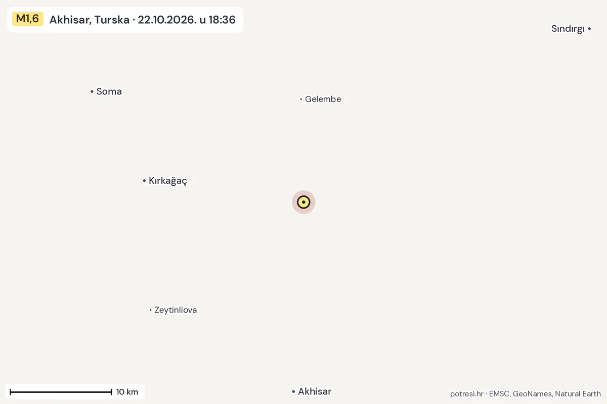 Karta: okolica epicentra, 60 km, potres M1,6, Akhisar, Turska, 22.10.2026.