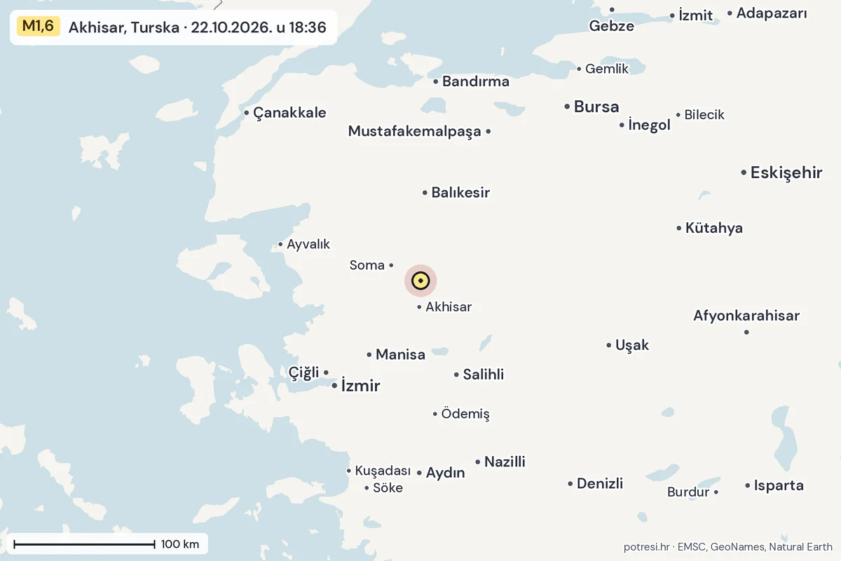 Karta: šire područje, 600 km, potres M1,6, Akhisar, Turska, 22.10.2026.