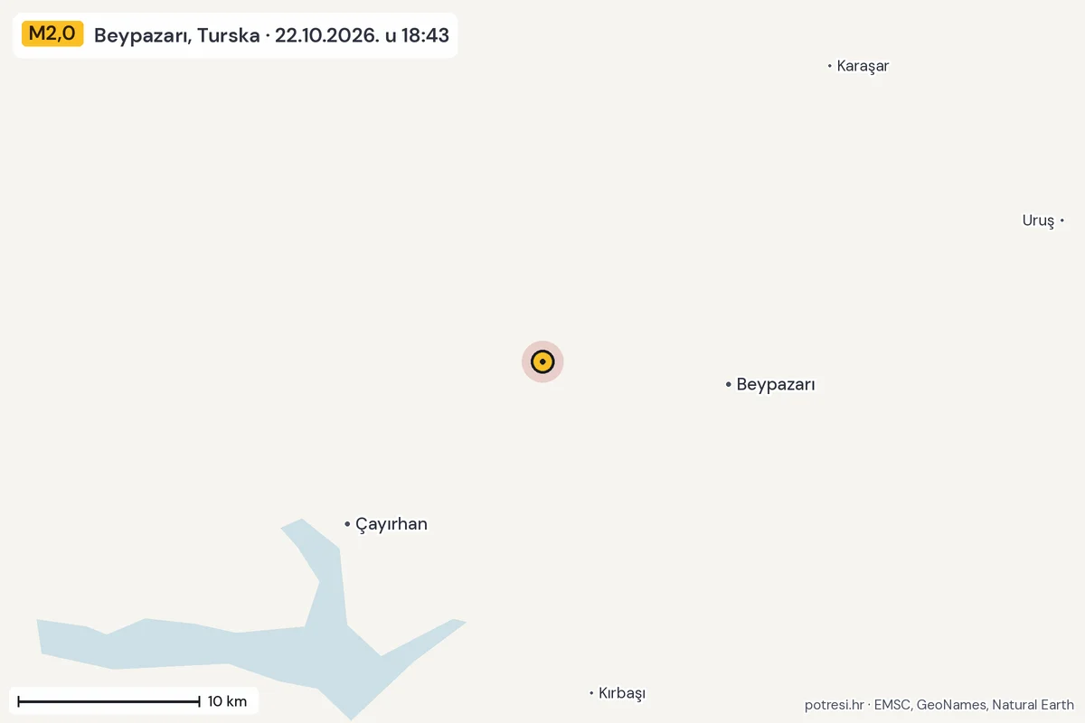 Karta: okolica epicentra, 60 km, potres M2,0, Beypazarı, Turska, 22.10.2026.