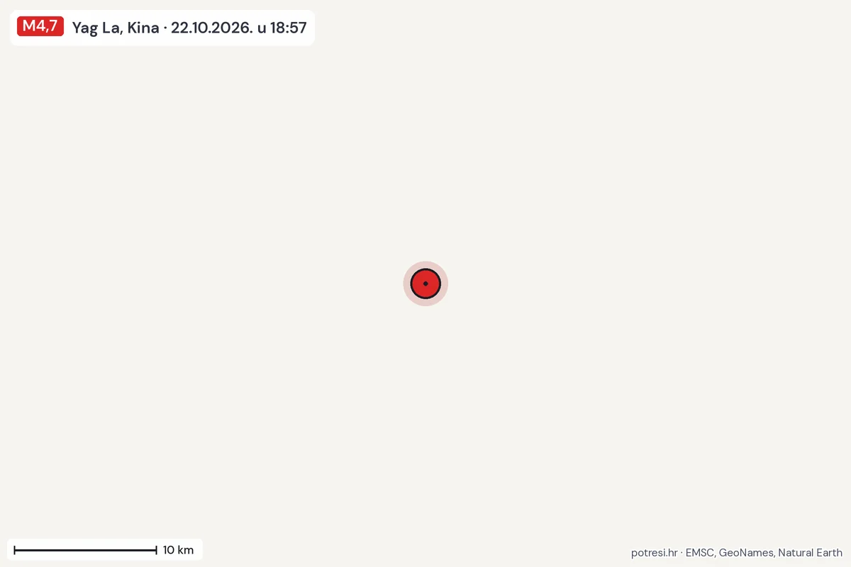Karta: okolica epicentra, 60 km, potres M4,7, Yag La, Kina, 22.10.2026.