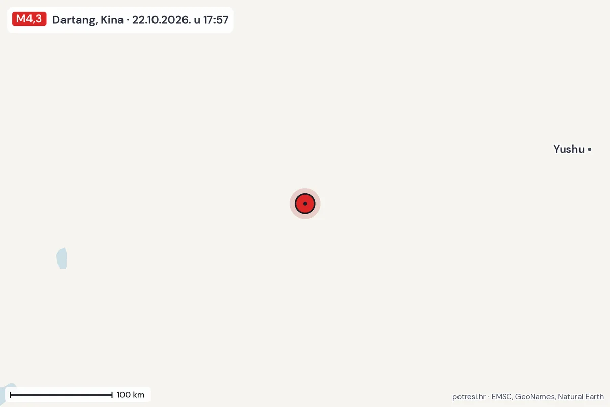 Karta: šire područje, 600 km, potres M4,3, Dartang, Kina, 22.10.2026.