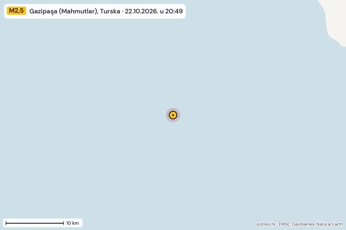 Karta: okolica epicentra, 60 km, potres M2,5, Gazipaşa (Mahmutlar), Turska, 22.10.2026.