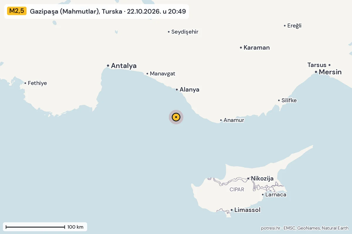 Karta: šire područje, 600 km, potres M2,5, Gazipaşa (Mahmutlar), Turska, 22.10.2026.