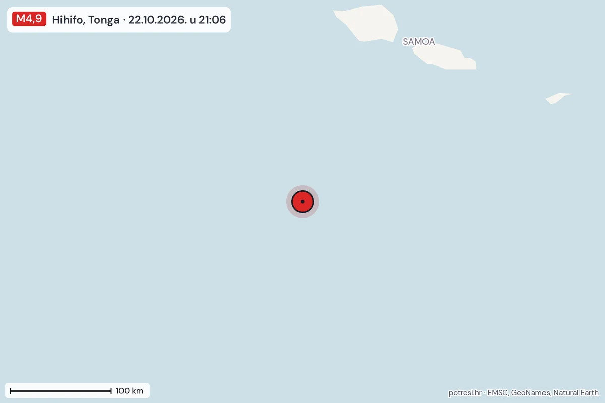 Karta: šire područje, 600 km, potres M4,9, Hihifo, Tonga, 22.10.2026.