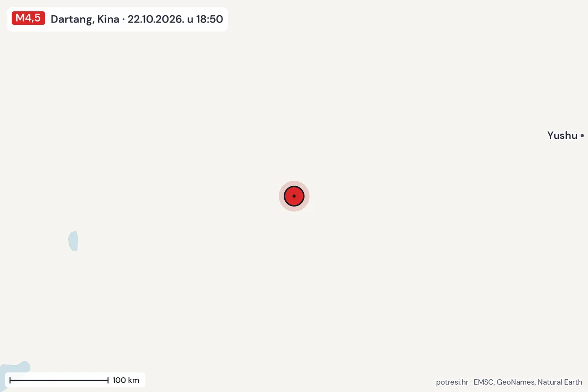 Karta: šire područje, 600 km, potres M4,5, Dartang, Kina, 22.10.2026.