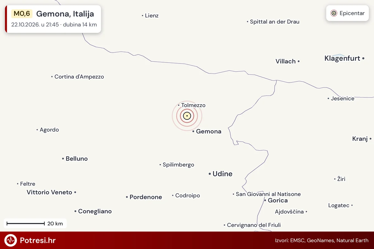 Karta: šire područje i vjerojatni doseg osjeta, potres M0,6, Gemona, Italija, 22.10.2026.