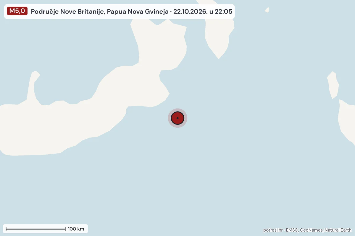 Karta: šire područje, 600 km, potres M5,0, Područje Nove Britanije, Papua Nova Gvineja, 22.10.2026.