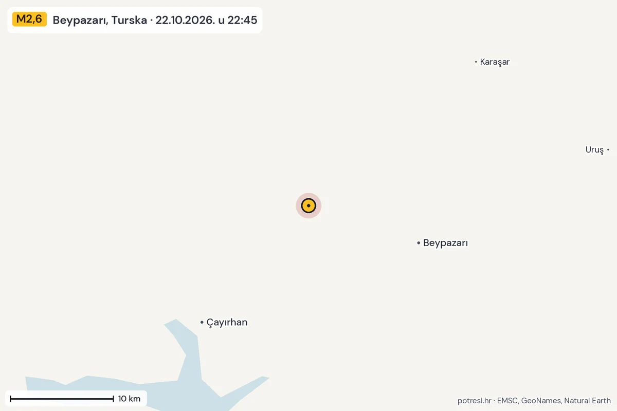 Karta: okolica epicentra, 60 km, potres M2,6, Beypazarı, Turska, 22.10.2026.