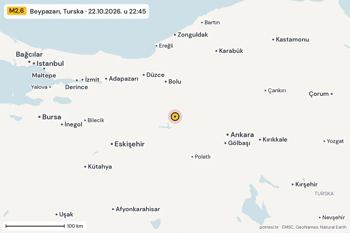 Karta: šire područje, 600 km, potres M2,6, Beypazarı, Turska, 22.10.2026.