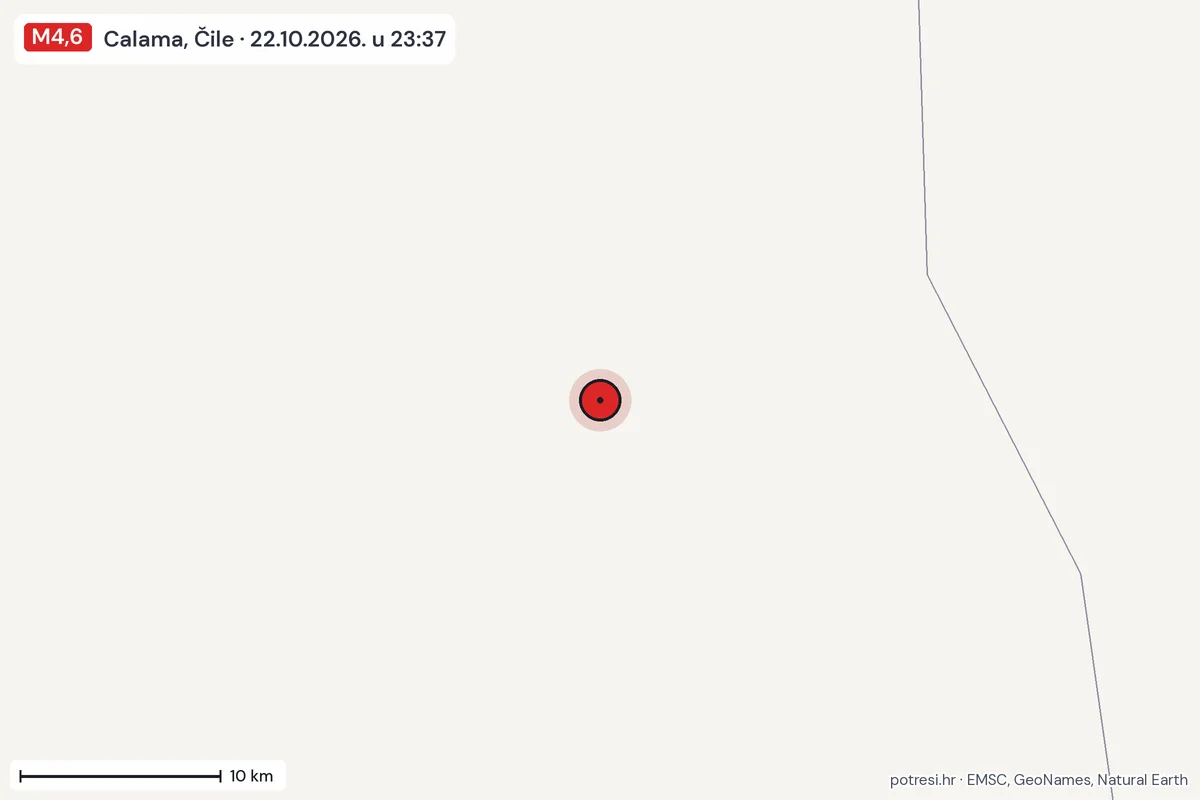 Karta: okolica epicentra, 60 km, potres M4,6, Calama, Čile, 22.10.2026.