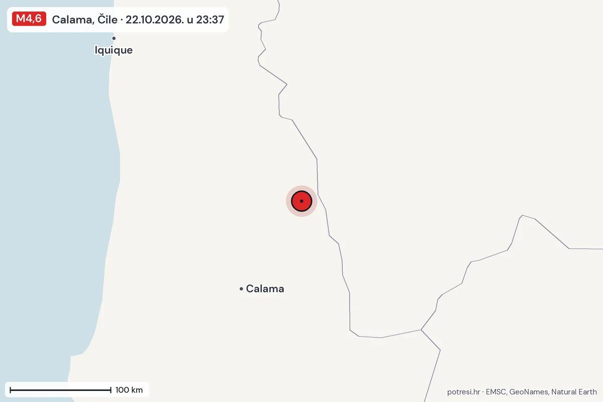 Karta: šire područje, 600 km, potres M4,6, Calama, Čile, 22.10.2026.