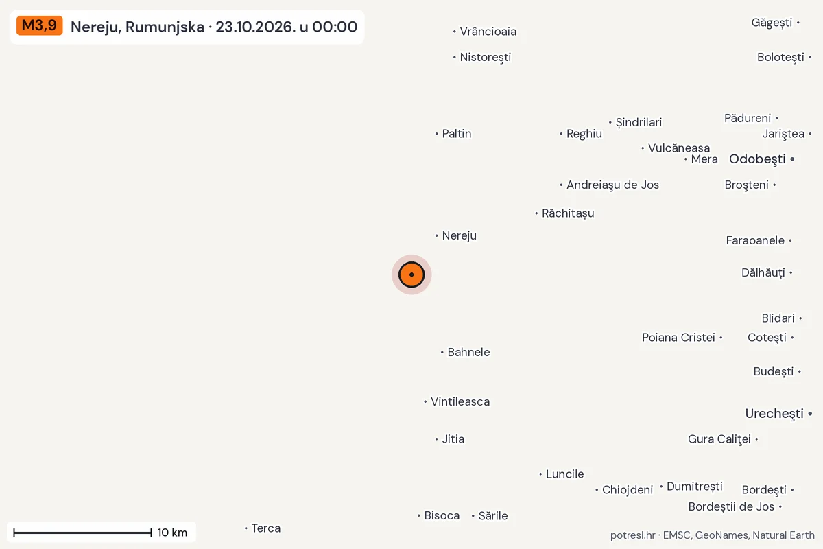 Karta: okolica epicentra, 60 km, potres M3,9, Nereju, Rumunjska, 23.10.2026.