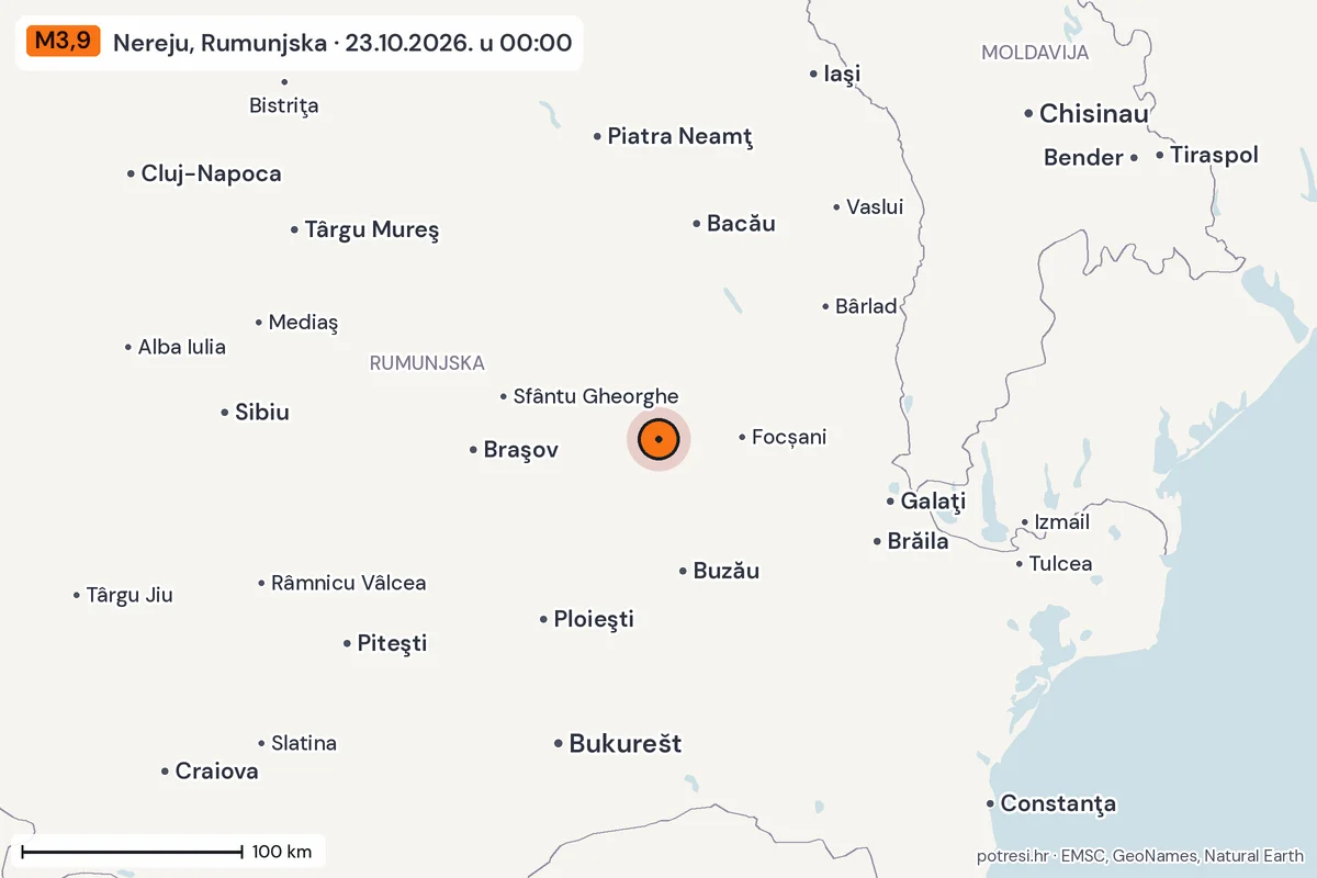 Karta: šire područje, 600 km, potres M3,9, Nereju, Rumunjska, 23.10.2026.