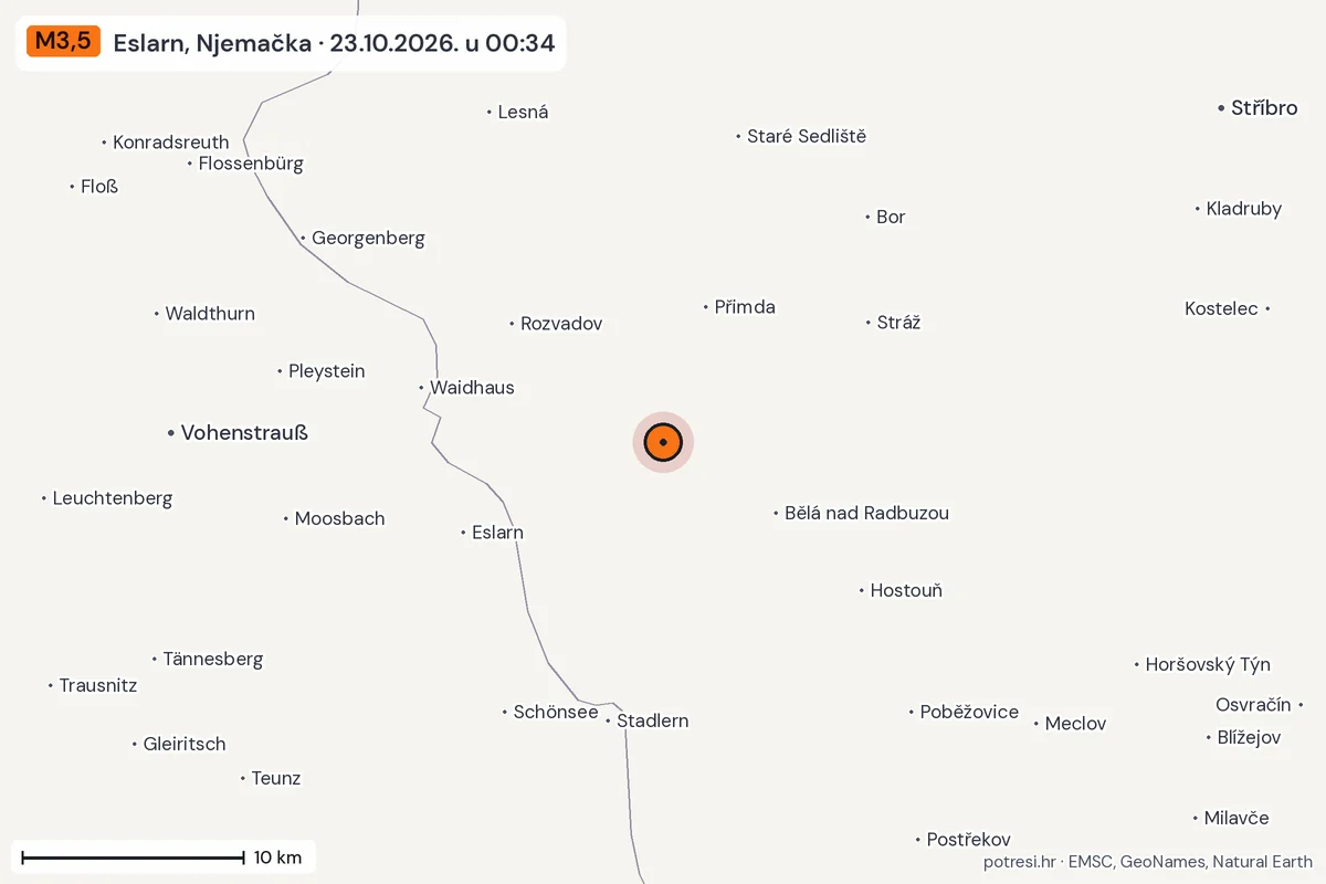 Karta: okolica epicentra, 60 km, potres M3,5, Eslarn, Njemačka, 23.10.2026.