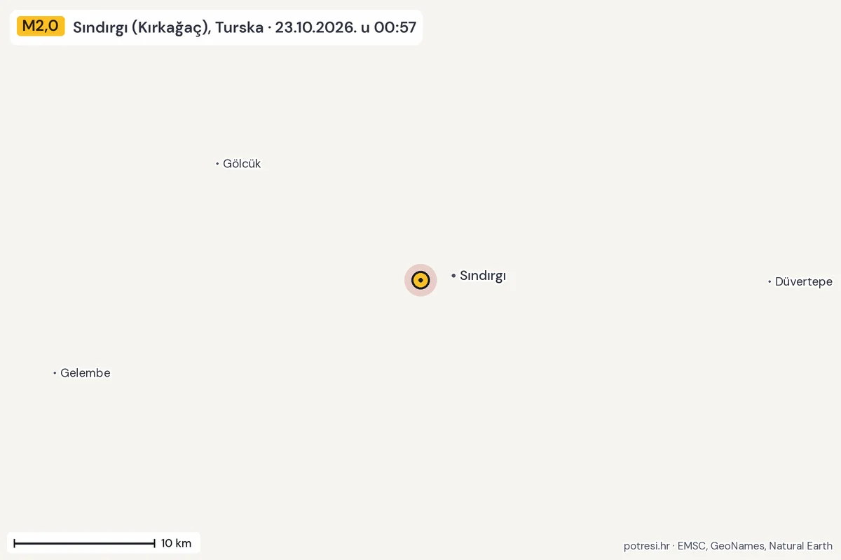 Karta: okolica epicentra, 60 km, potres M2,0, Sındırgı (Kırkağaç), Turska, 23.10.2026.