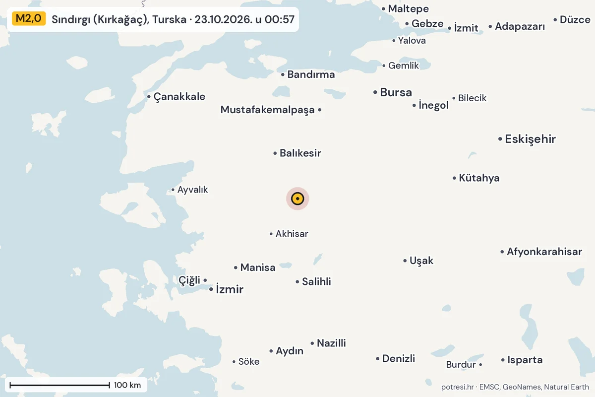 Karta: šire područje, 600 km, potres M2,0, Sındırgı (Kırkağaç), Turska, 23.10.2026.