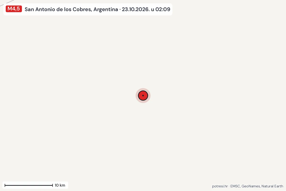 Karta: okolica epicentra, 60 km, potres M4,5, San Antonio de los Cobres, Argentina, 23.10.2026.
