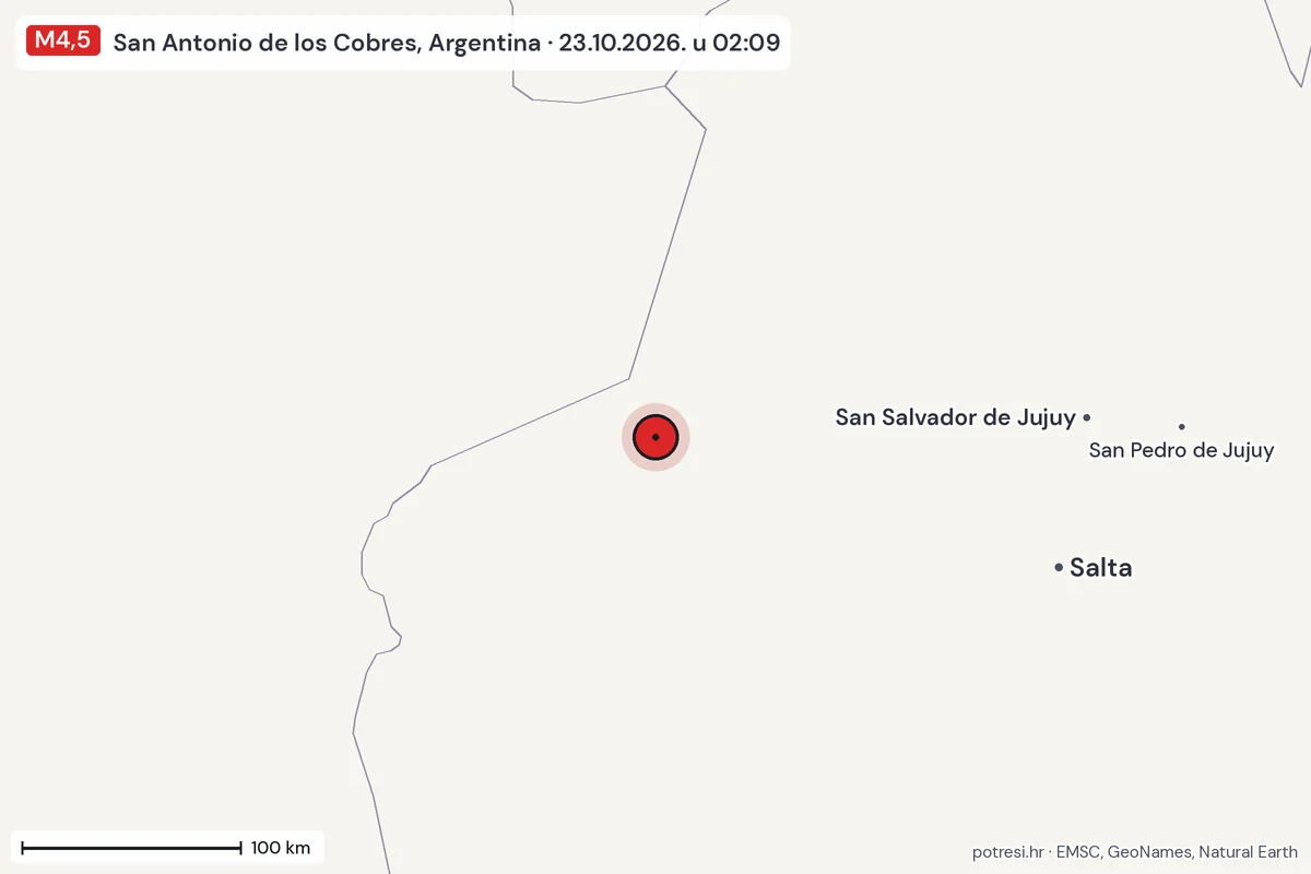 Karta: šire područje, 600 km, potres M4,5, San Antonio de los Cobres, Argentina, 23.10.2026.