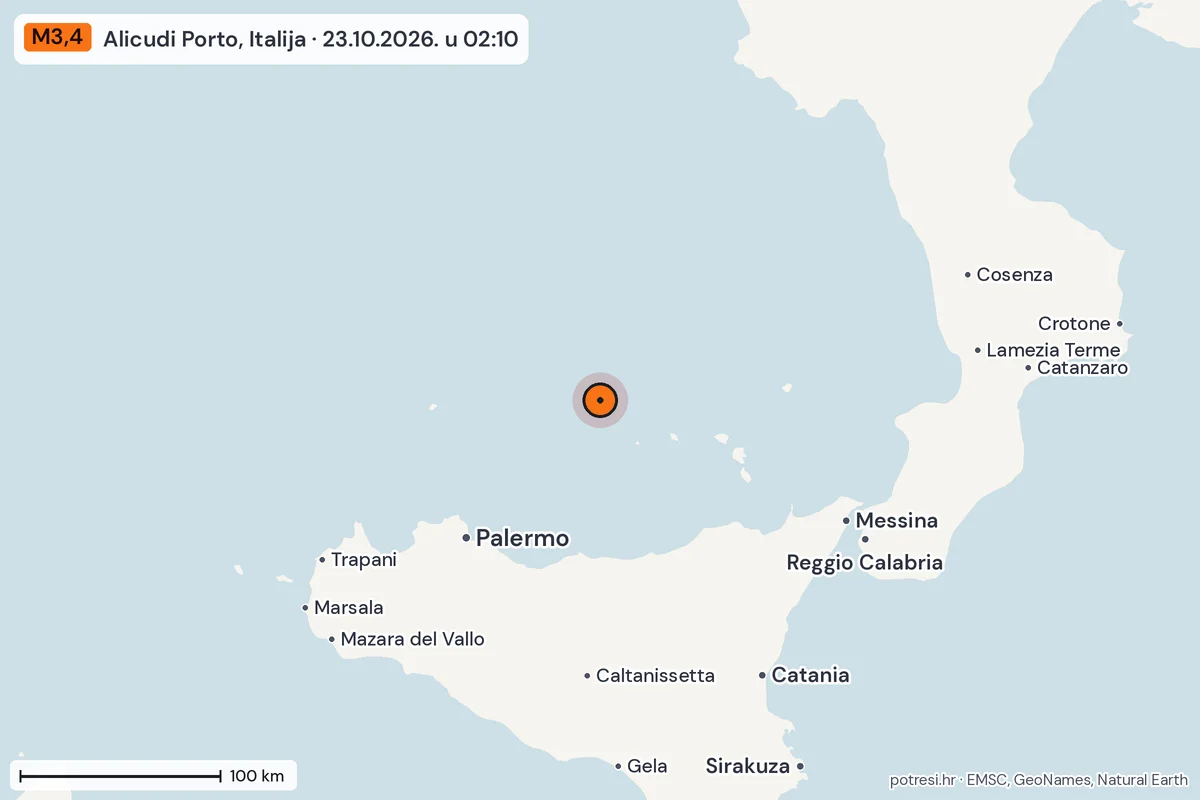 Karta: šire područje, 600 km, potres M3,4, Alicudi Porto, Italija, 23.10.2026.