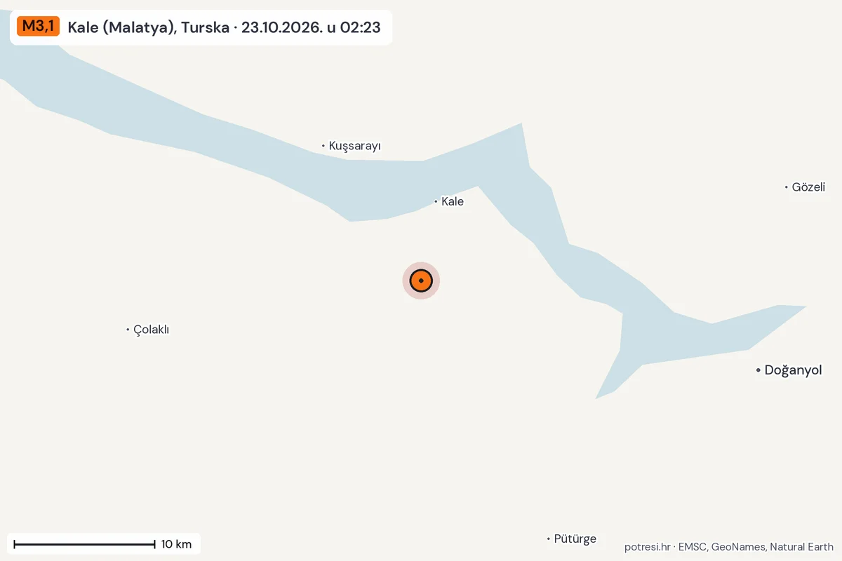 Karta: okolica epicentra, 60 km, potres M3,1, Kale (Malatya), Turska, 23.10.2026.