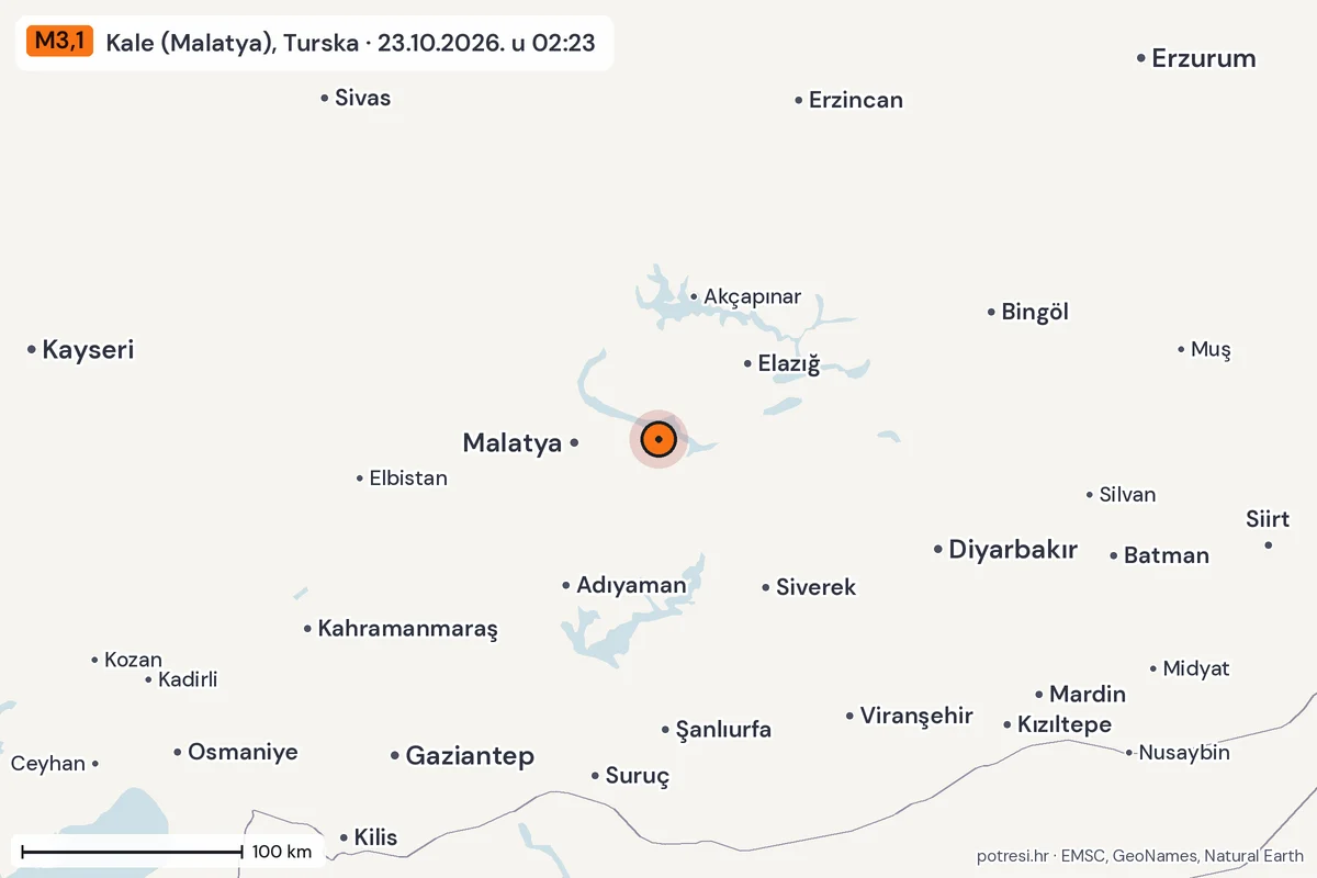 Karta: šire područje, 600 km, potres M3,1, Kale (Malatya), Turska, 23.10.2026.