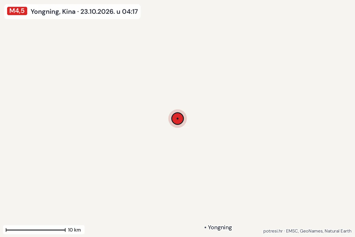 Karta: okolica epicentra, 60 km, potres M4,5, Yongning, Kina, 23.10.2026.