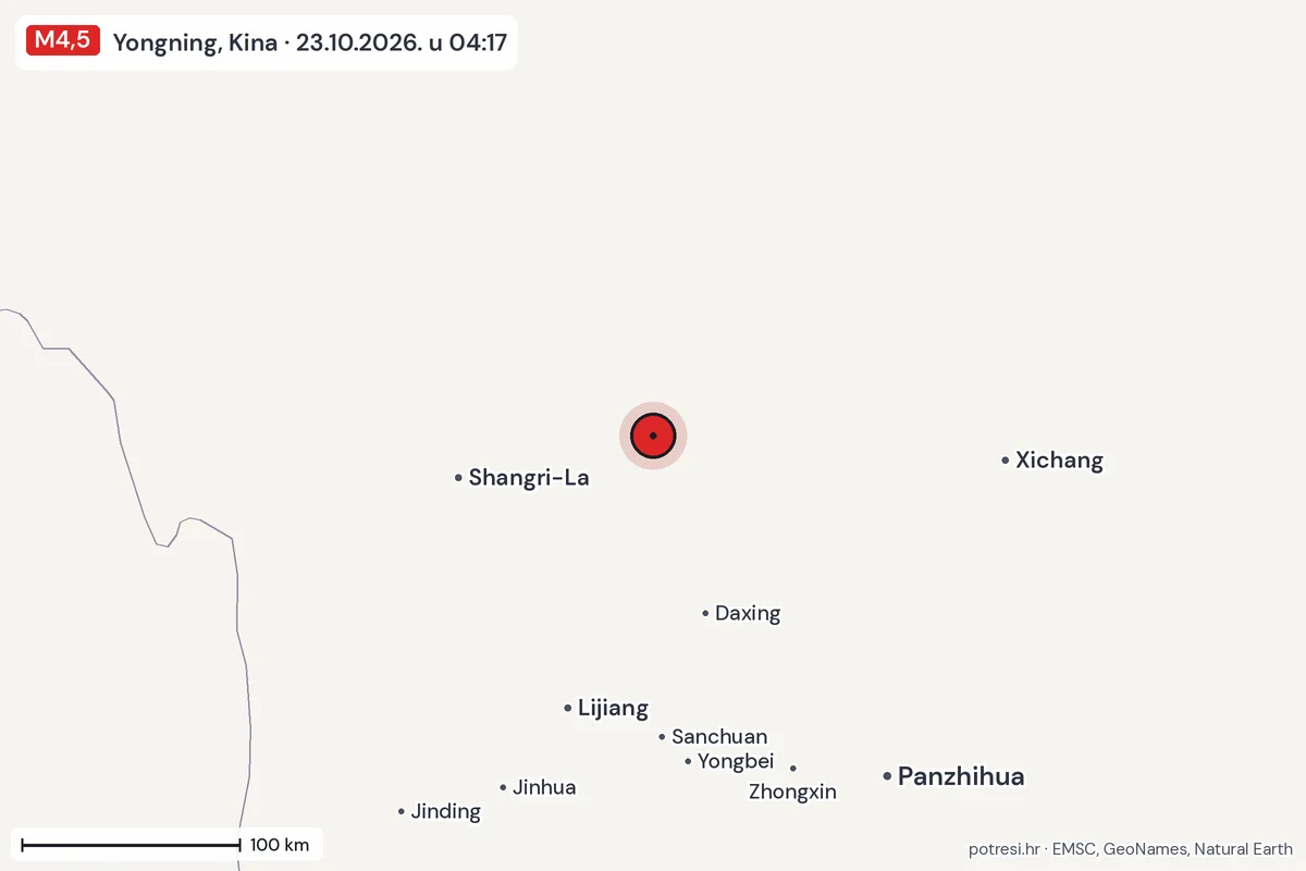 Karta: šire područje, 600 km, potres M4,5, Yongning, Kina, 23.10.2026.