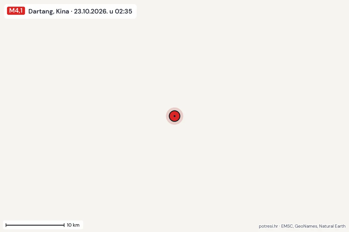 Karta: okolica epicentra, 60 km, potres M4,1, Dartang, Kina, 23.10.2026.