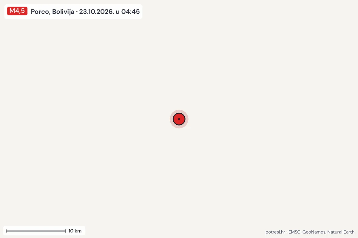 Karta: okolica epicentra, 60 km, potres M4,5, Porco, Bolivija, 23.10.2026.
