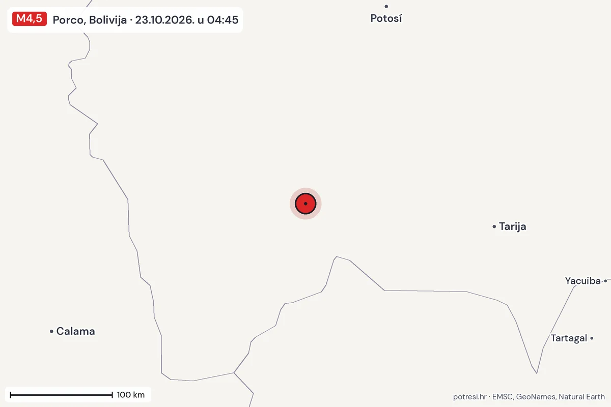 Karta: šire područje, 600 km, potres M4,5, Porco, Bolivija, 23.10.2026.