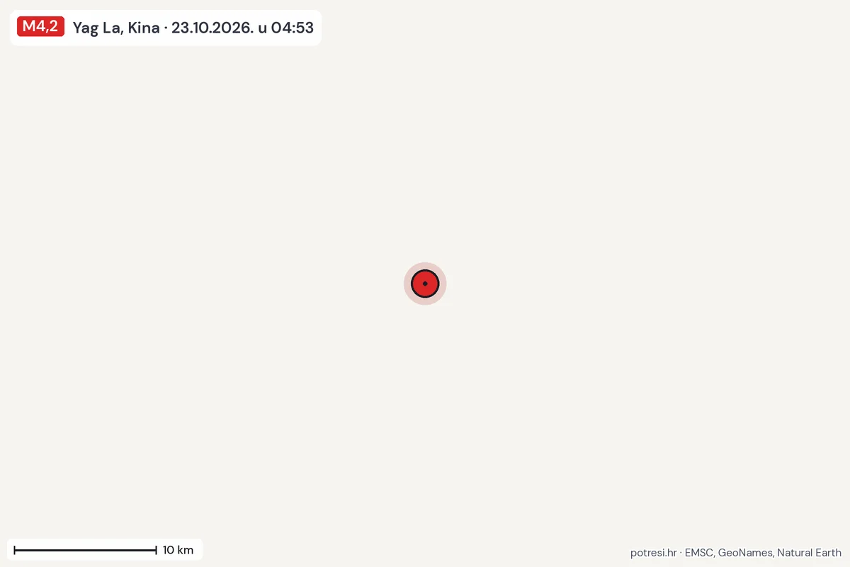 Karta: okolica epicentra, 60 km, potres M4,2, Yag La, Kina, 23.10.2026.