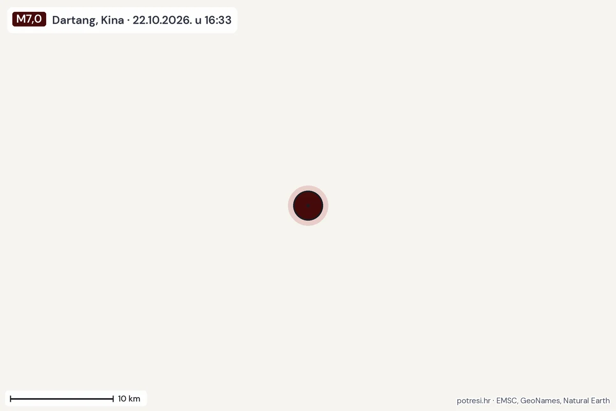 Karta: okolica epicentra, 60 km, potres M7,0, Dartang, Kina, 22.10.2026.