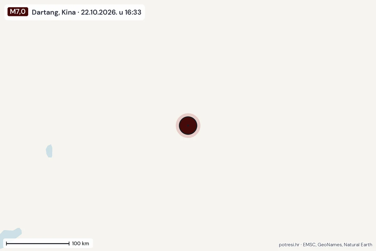 Karta: šire područje, 600 km, potres M7,0, Dartang, Kina, 22.10.2026.