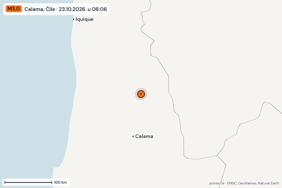 Karta: šire područje, 600 km, potres M3,0, Calama, Čile, 23.10.2026.