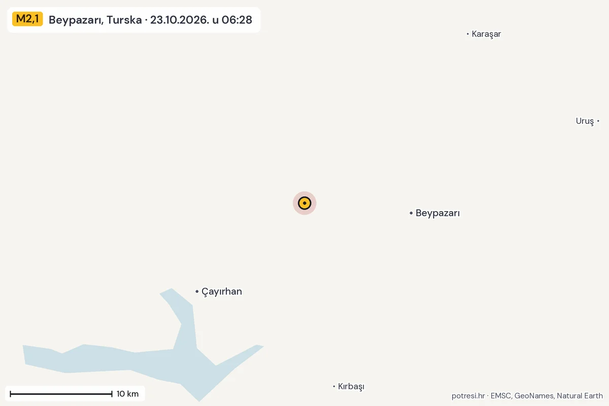 Karta: okolica epicentra, 60 km, potres M2,1, Beypazarı, Turska, 23.10.2026.