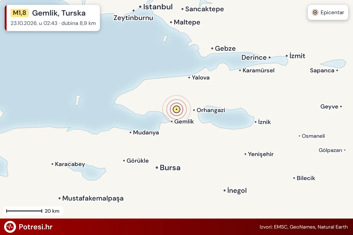 Karta: šire područje i vjerojatni doseg osjeta, potres M1,8, Gemlik, Turska, 23.10.2026.