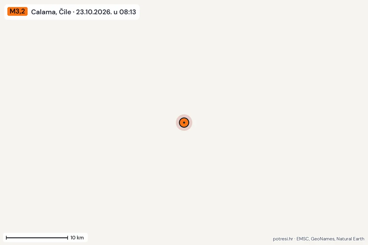 Karta: okolica epicentra, 60 km, potres M3,2, Calama, Čile, 23.10.2026.