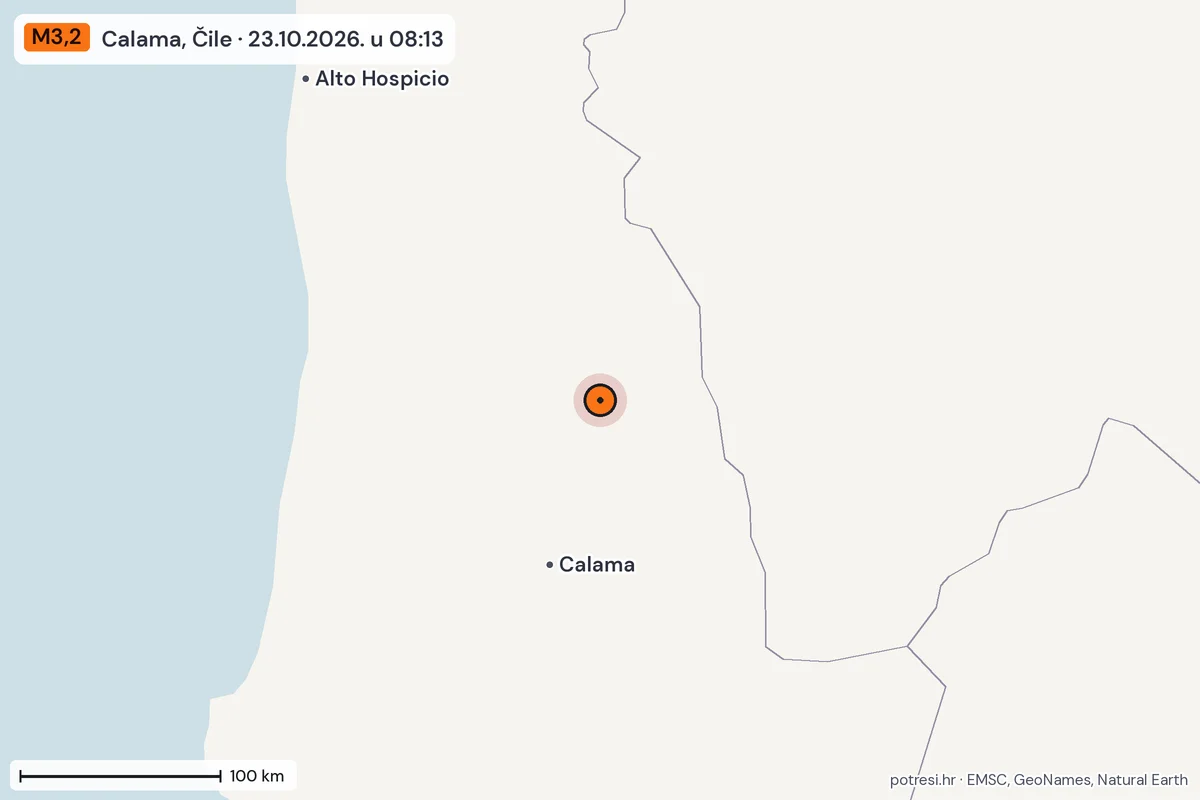 Karta: šire područje, 600 km, potres M3,2, Calama, Čile, 23.10.2026.