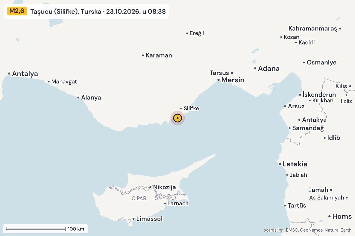 Karta: šire područje, 600 km, potres M2,6, Taşucu (Silifke), Turska, 23.10.2026.