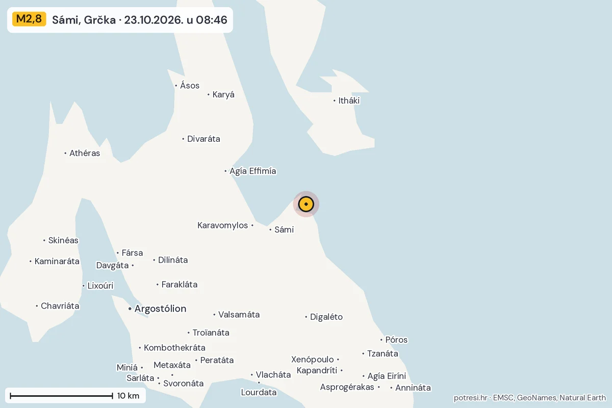 Karta: okolica epicentra, 60 km, potres M2,8, Sámi, Grčka, 23.10.2026.