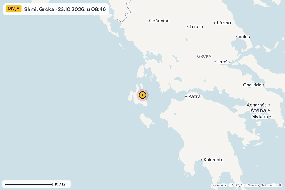 Karta: šire područje, 600 km, potres M2,8, Sámi, Grčka, 23.10.2026.