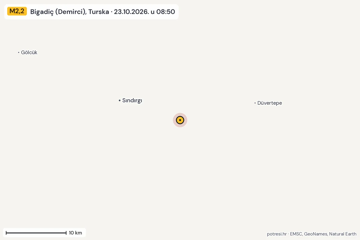 Karta: okolica epicentra, 60 km, potres M2,2, Bigadiç (Demirci), Turska, 23.10.2026.