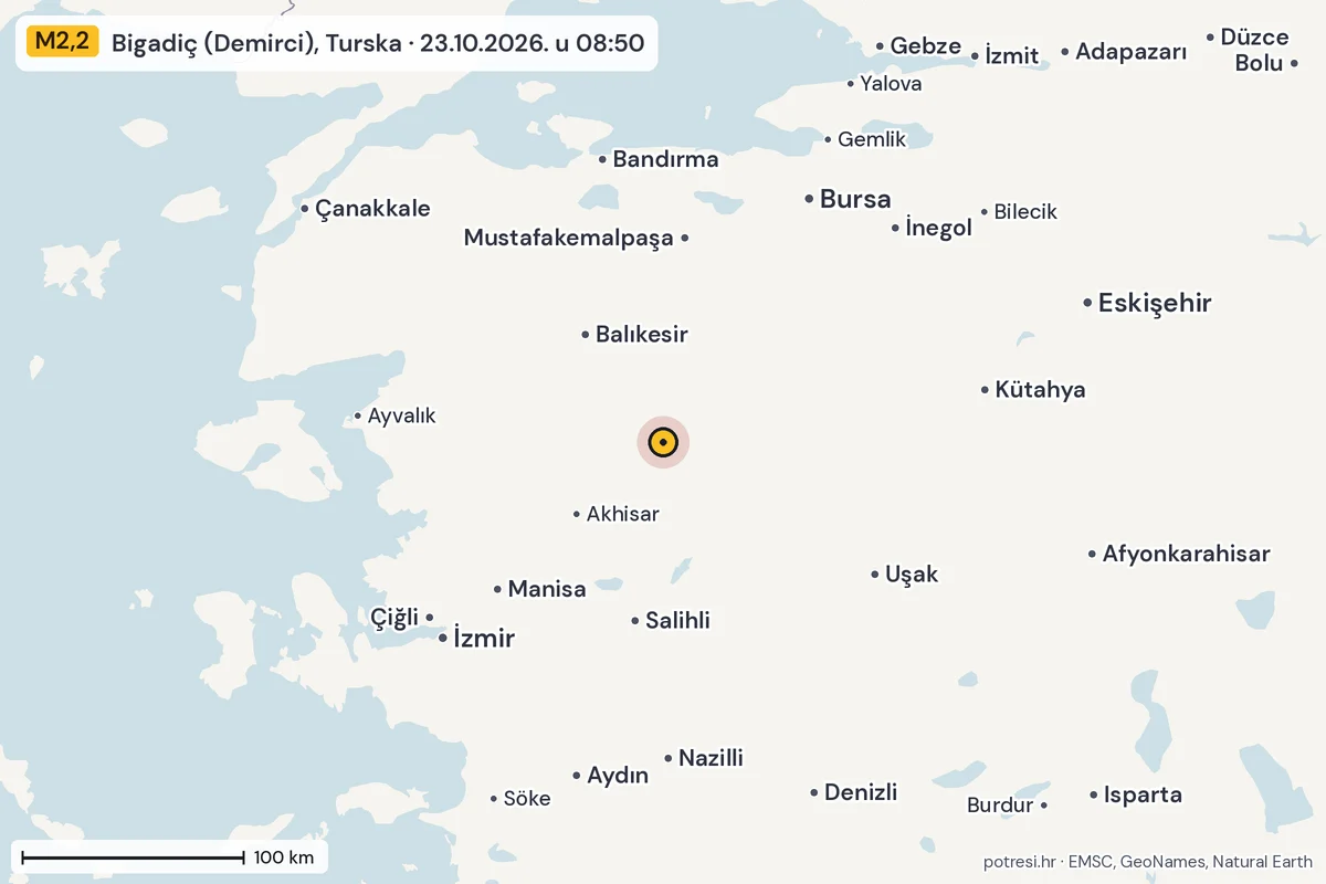 Karta: šire područje, 600 km, potres M2,2, Bigadiç (Demirci), Turska, 23.10.2026.