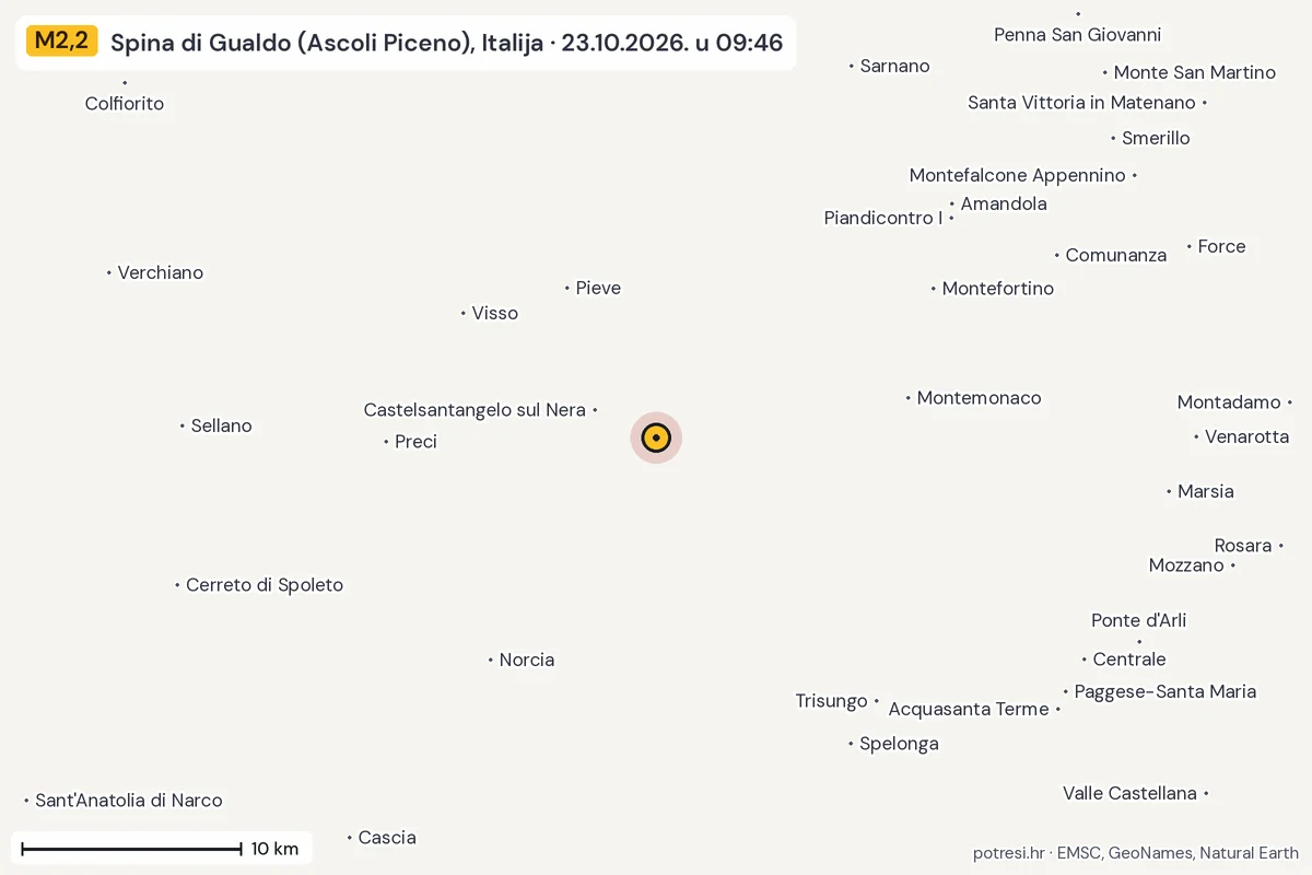 Karta: okolica epicentra, 60 km, potres M2,2, Spina di Gualdo (Ascoli Piceno), Italija, 23.10.2026.